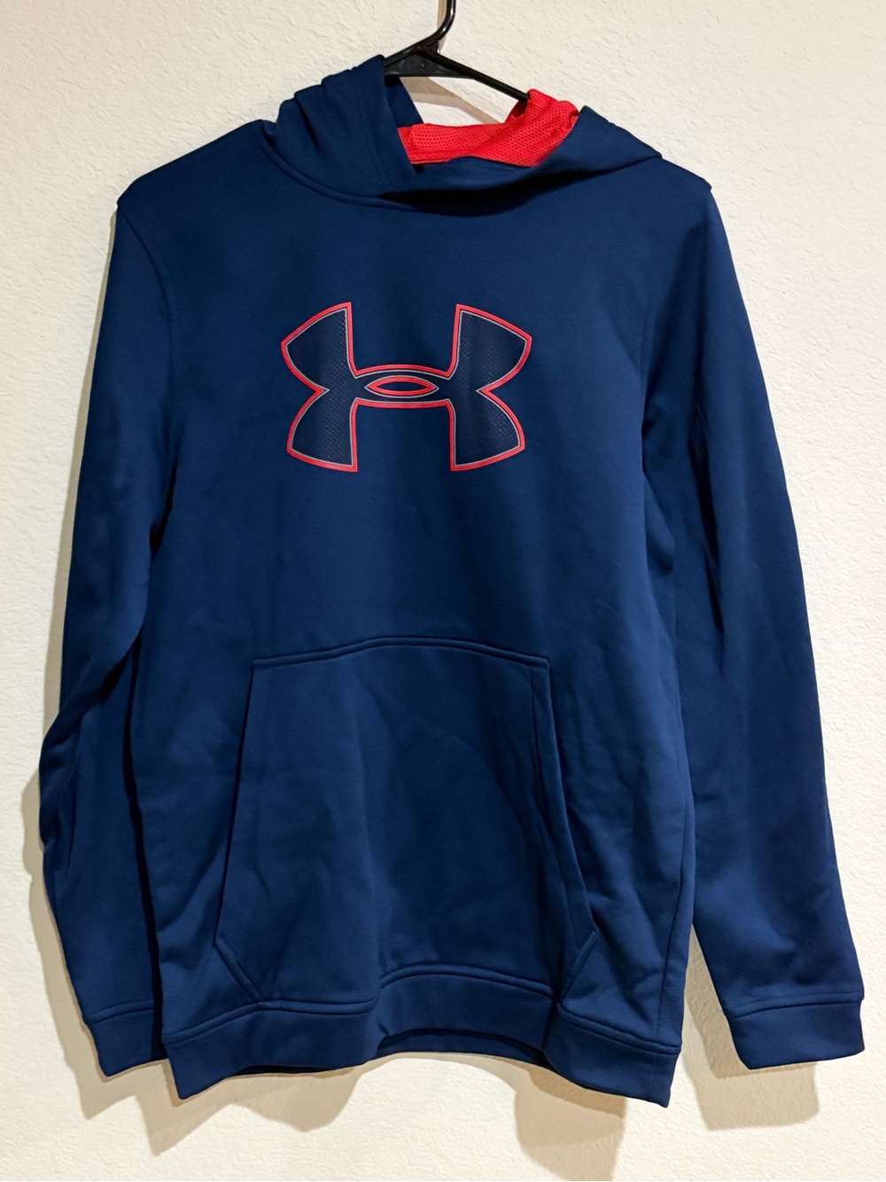 Under Armour ColdGear Hoodie Mens Small Navy Blue Red Big Logo Loose Pullover